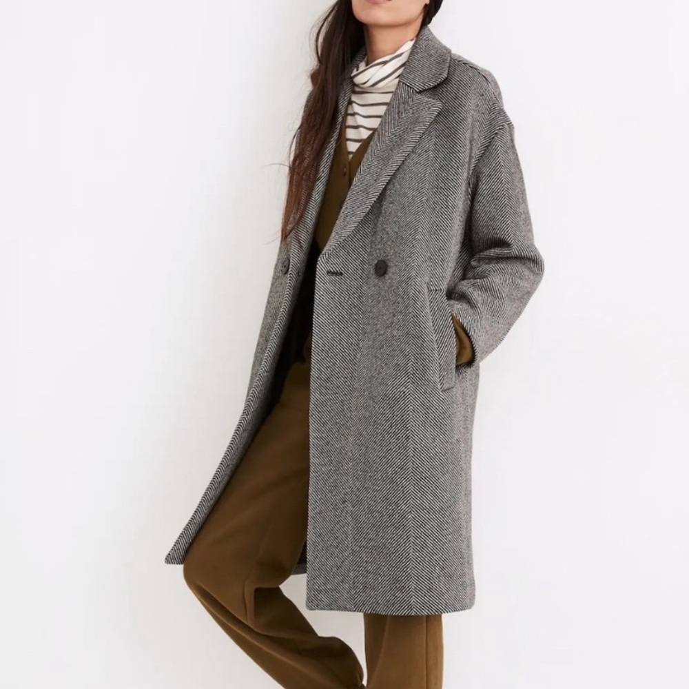 Women’s Madewell Averdon Coat in Herringbone Black White Insuluxe Fabric Size XS